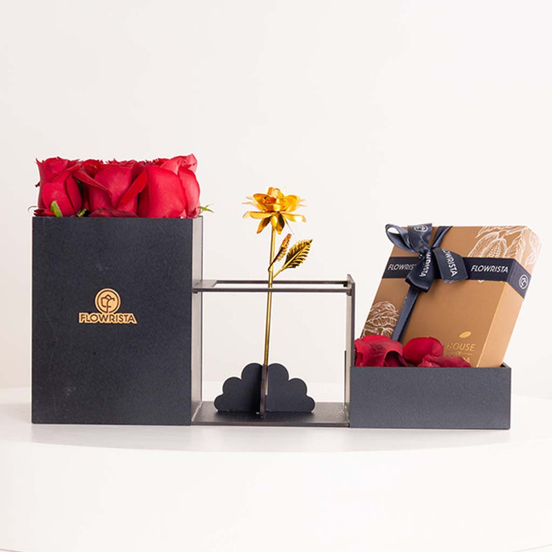 House of Cocoa Chocolate Box 16 pieces and 9 red roses