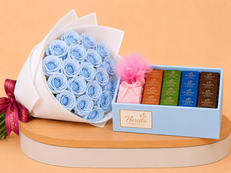 Godiva Chocolate Baby Boy Tray & Blue Roses Bouquet