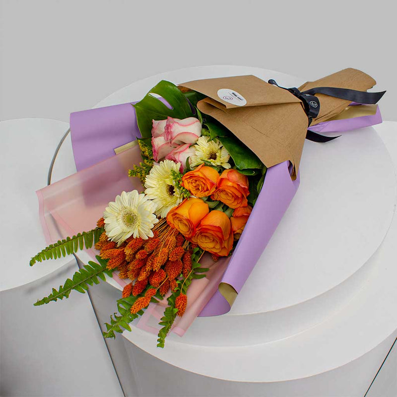 White Gerbera & Orange Senorita Roses Bouquet