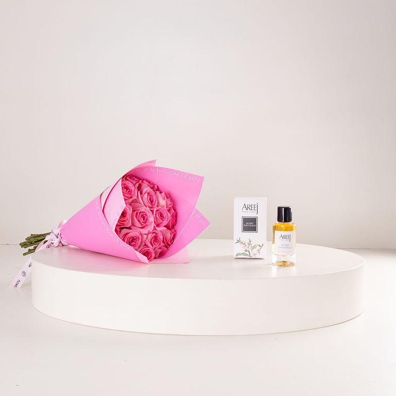 Areej Musk Patchouli with Hand Bouquet of 20 Pink Roses