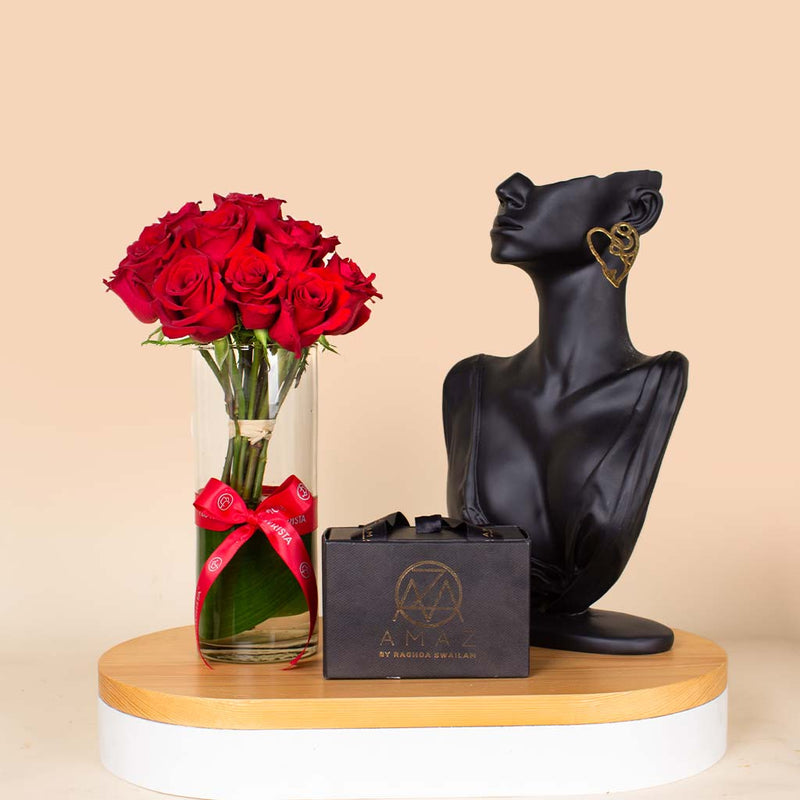 Amaz Eternal Love Earring and Vase 15 Red Rose