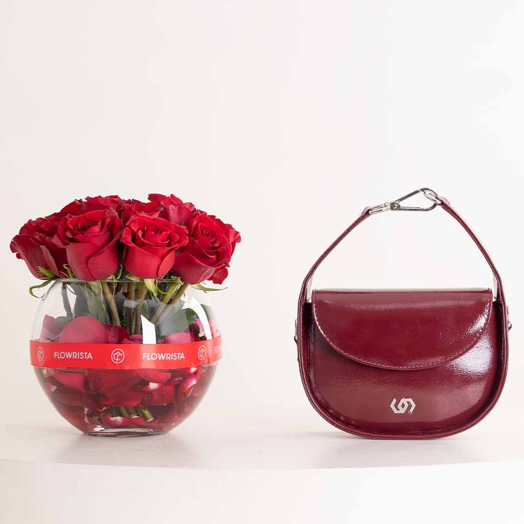 Cocan Half-Moon Bag Burgundy & Red Roses Bouquet