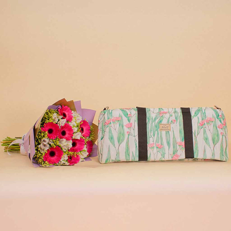 Pavo Rose Lily Duffle Bag & Gerbera Unique Bouquet