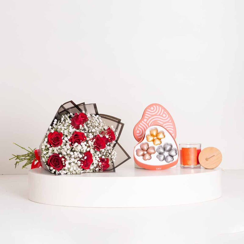 Patchi Tin Box 245g and Flowrista Candle and Red Roses Bouquet