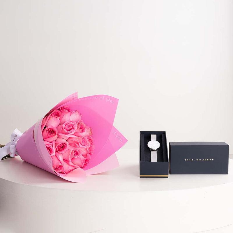 Daniel Wellington Silver Watch & 15 Revival Roses Hand Bouquet