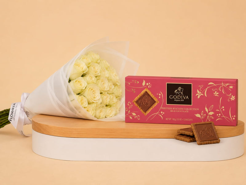 Godiva Prestige Biscuits Milk Chocolate & White Roses Bouquet