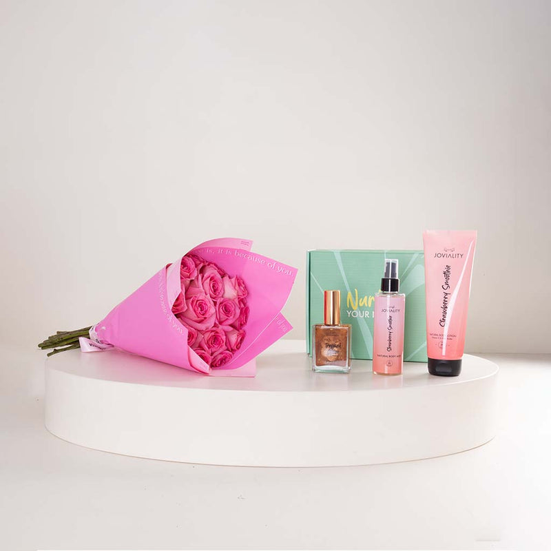 Joviality Strawberry Bronze Body Care Trio & Pink Roses Bouquet