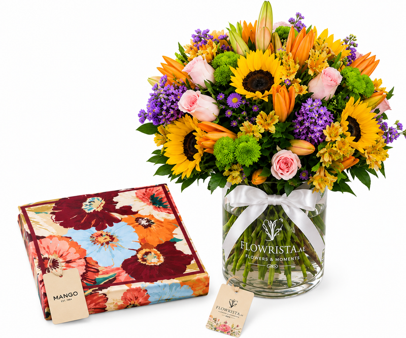 Mango Floral Print Scarf with Flowrista Sunflower Mixed Vase