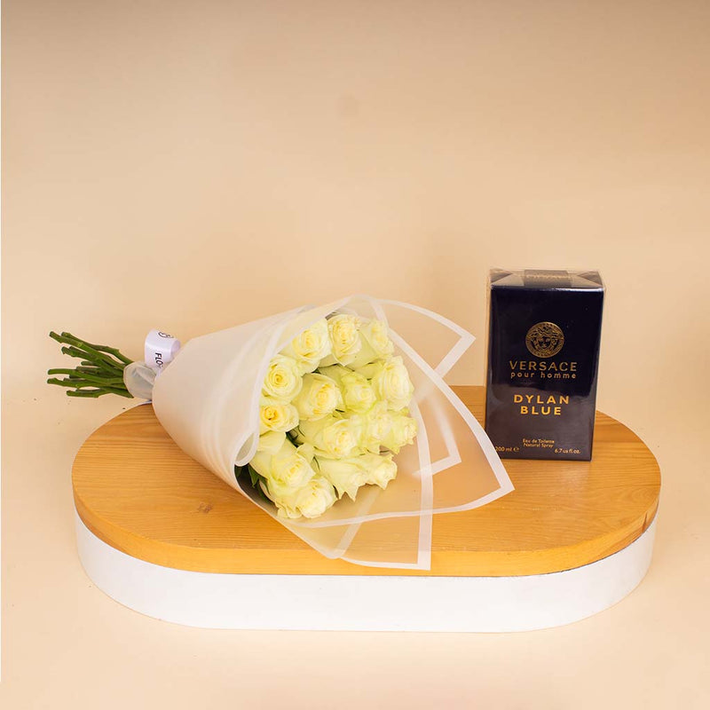Versace Dylan Blue Eau de Toilette for Men 200 ml &  White Roses Bouquet