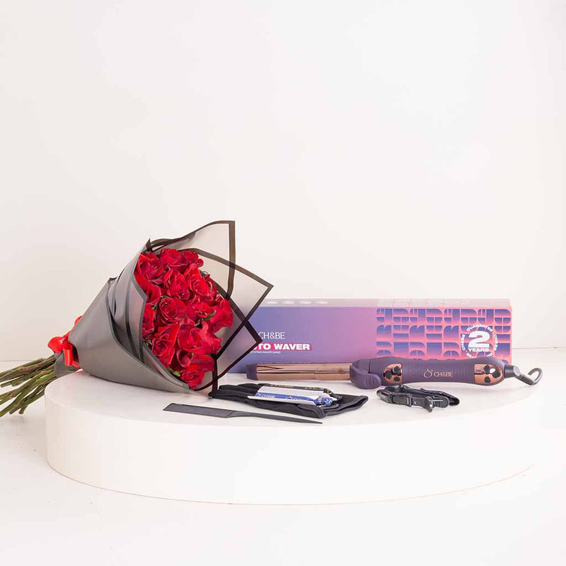 CH&BE Auto Waver Hair Rotating Curler & Red Roses Bouquet