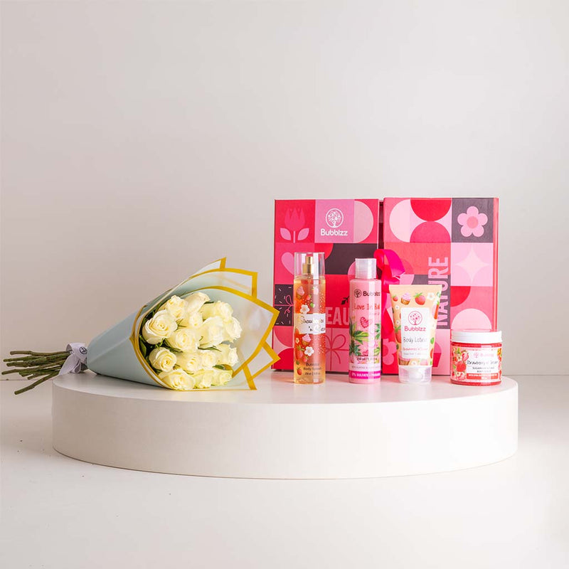 Bubblzz Strawberry Body Care Collection & Pink Roses Bouquet