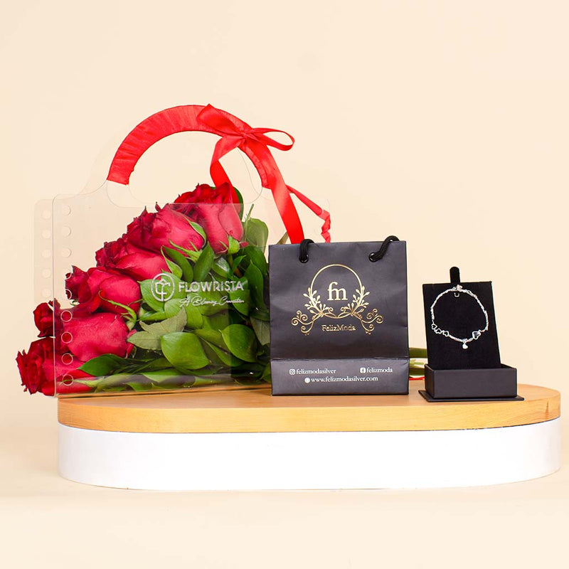 Felizmoda Silver bracelet with black heart And Red Roses Bag