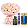 A gift set featuring a large bouquet of light pink and white roses wrapped in pink paper, accompanied by a green Cologne Eden Wood scent bottle, a blue and silver perfume bottle, and a gold-lidded jar of Amber Flavors chocolate.