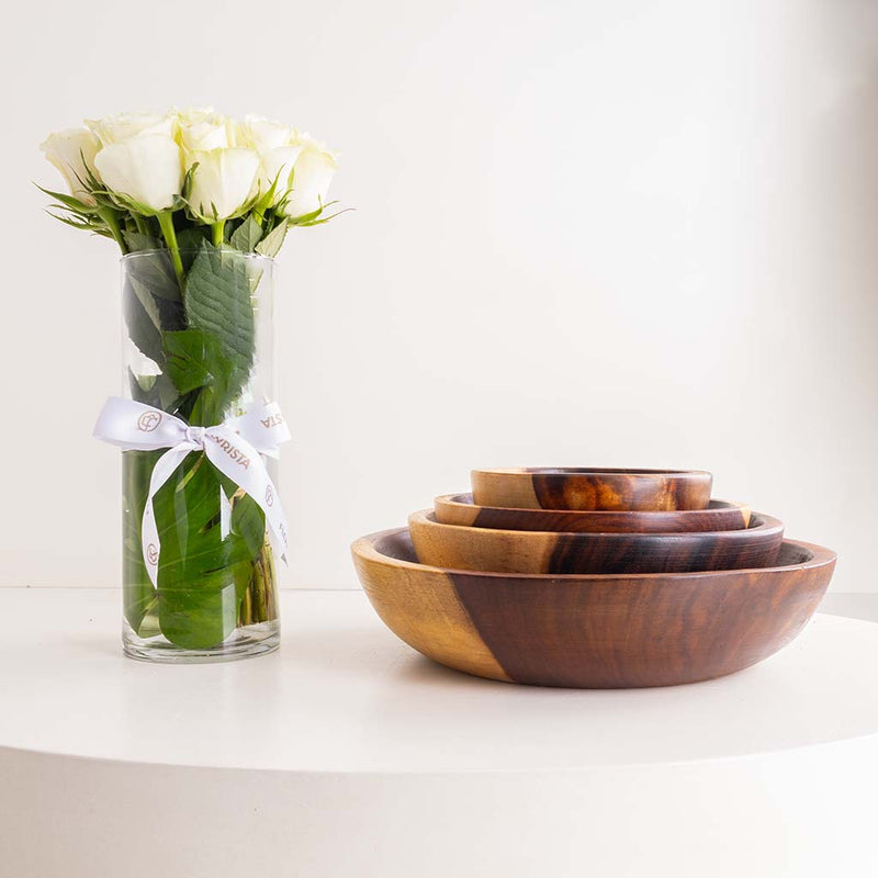 Wudora Wooden Deep Plates Set & White Roses Vase