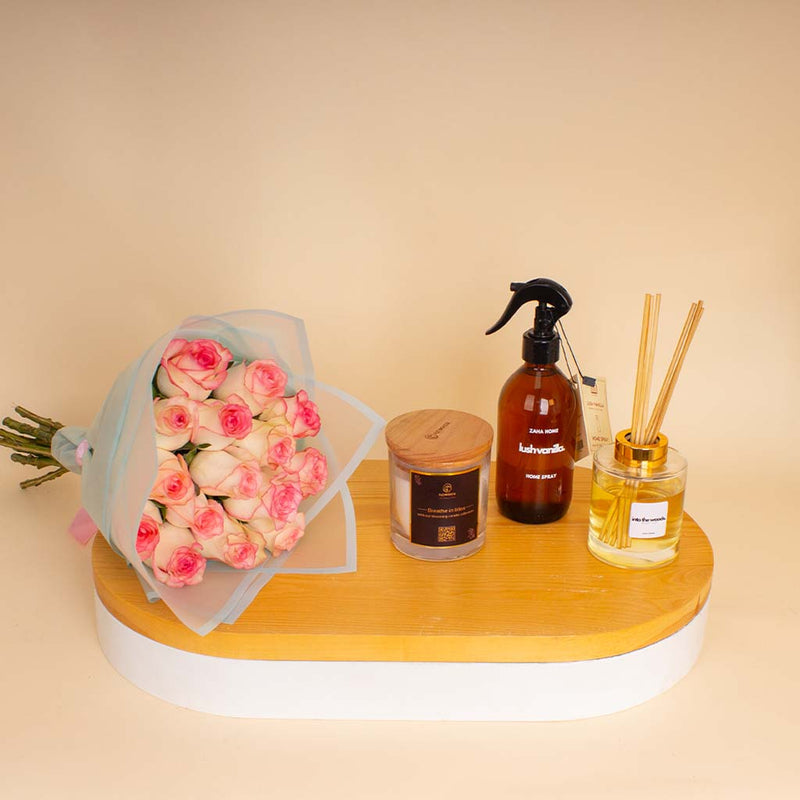 Zaha Home Glow & Roses Bundle - Lush Vanilla & Into the Woods & Bliss Candle & Pink Roses