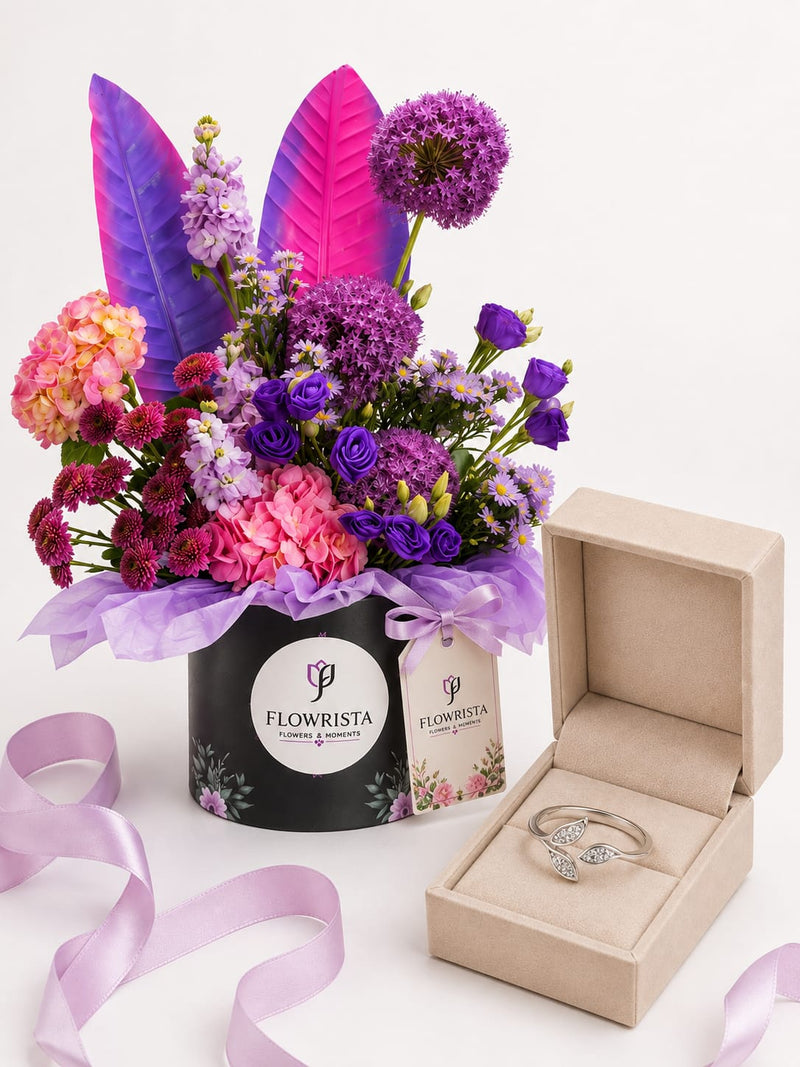 Silvara Open Double-Leaf Pavé Ring & Purple & Pink Mixed Flower Flowrista Hat Box