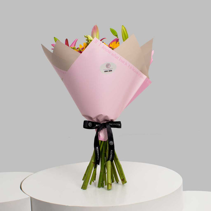 Sunflower & Lily Hand Bouquet - Bright & Cheerful Gift