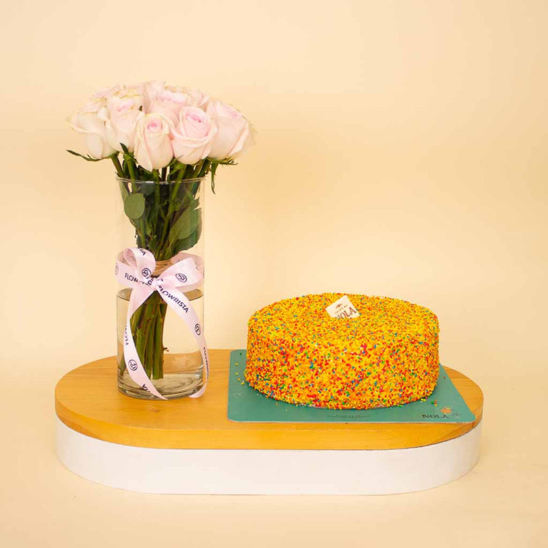 Nola Rainbow Cake & Pink Roses Vase