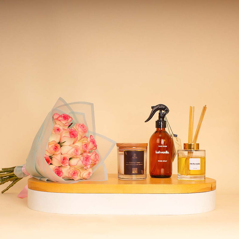 Zaha Home Glow & Roses Bundle - Lush Vanilla & Into the Woods & Bliss Candle & Pink Roses