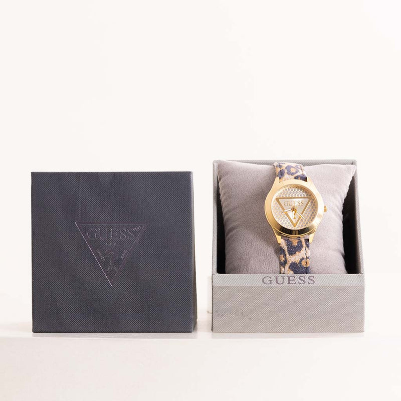 GUESS Ladies Leopard Gold Tone Analog Watch