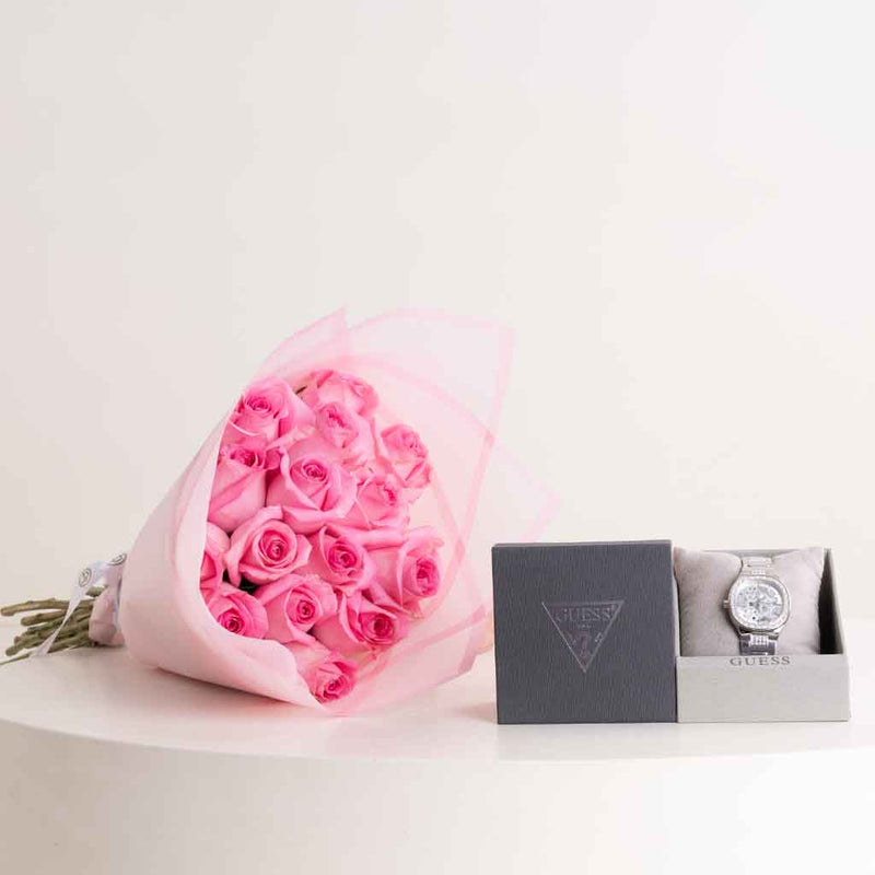 GUESS Ladies Silver Tone Square Watch & Revival Roses Bouquet