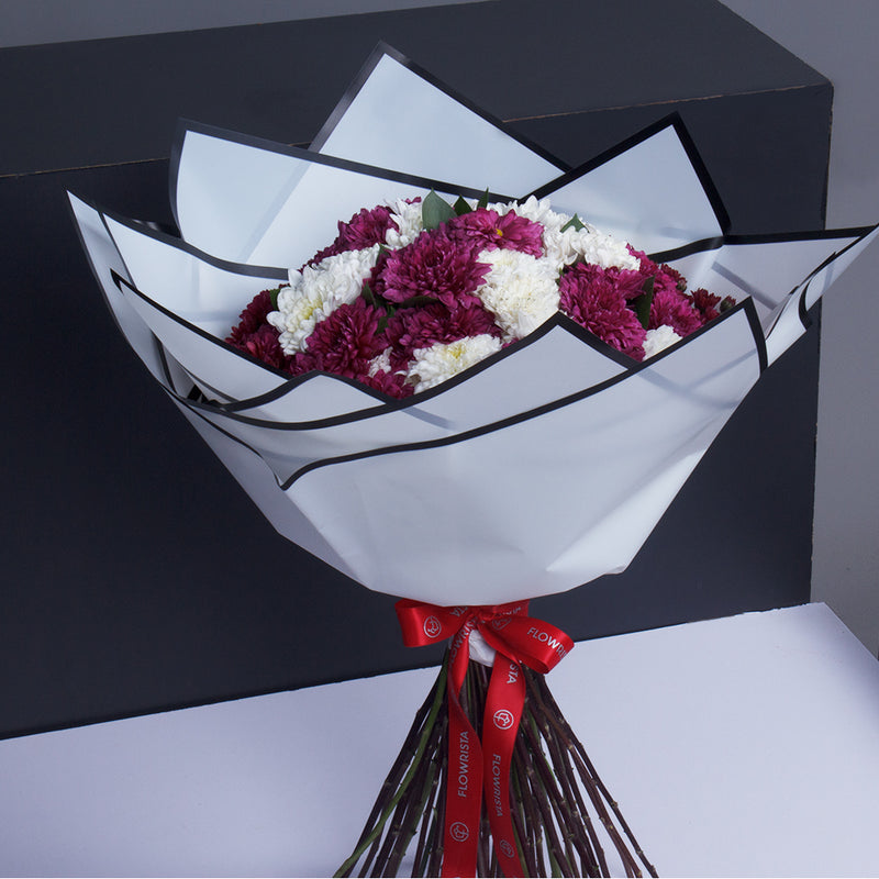 Hand Bouquet of Purple & White Chrysanthemums
