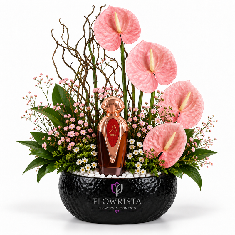 Asser Perfume with Artificial Pink Anthurium Flower Bowl