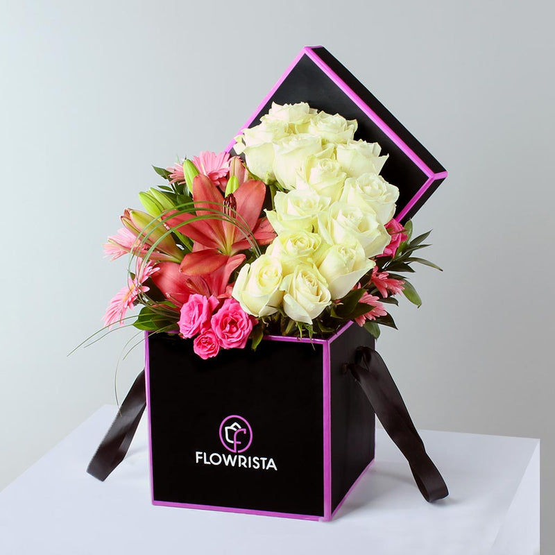 Luxury Flower Box: White Roses, Lilies, and Gerberas