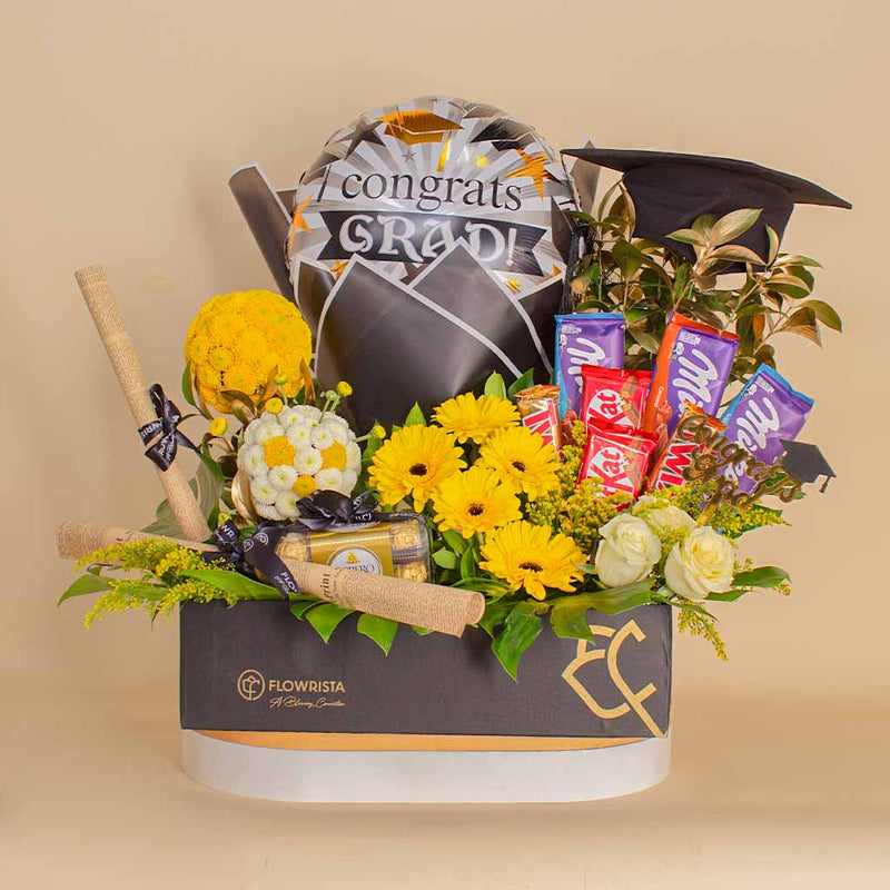 Luxury Graduation Box - Cap, Balloon, Chocolates & Flowers
