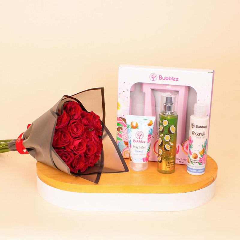 Bubblzz Glow Gift Set Coconut & Red Roses Bouquet