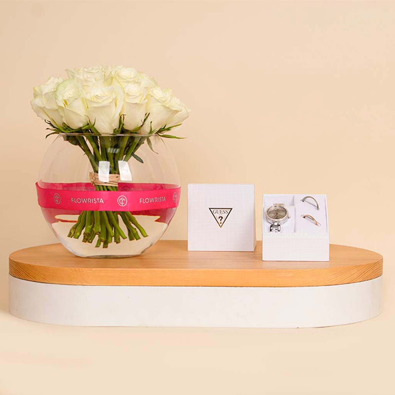 Guess Stainless Steel Analogue Watch & 20 White Roses Vase