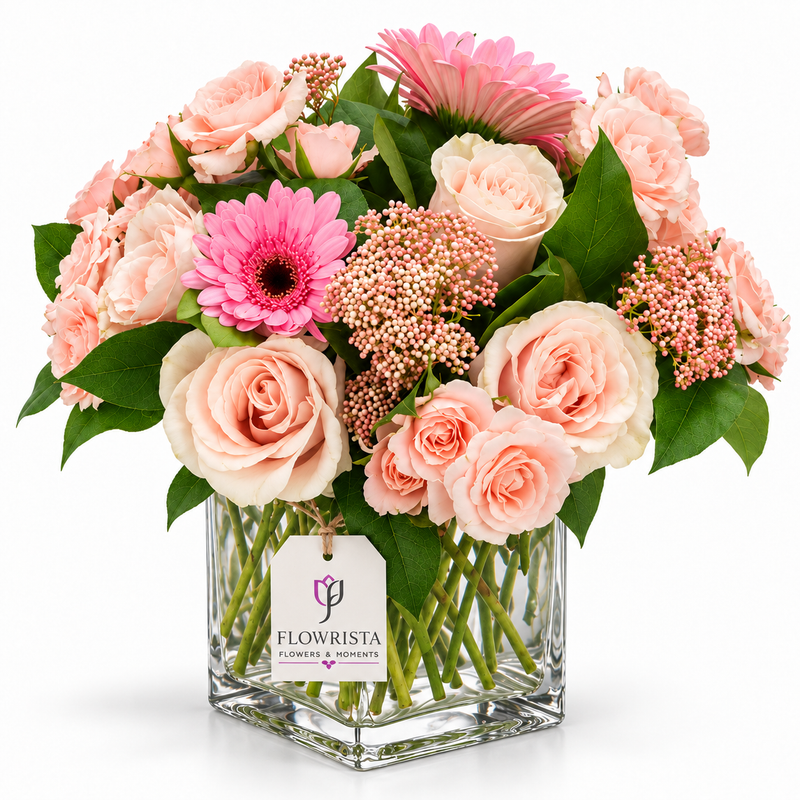 A vibrant floral arrangement in a square clear glass vase, featuring blush pink and cream roses, bright pink gerbera daisies, and green foliage, with a 'FLOWRISTA' tag on the vase, set against a solid white background.