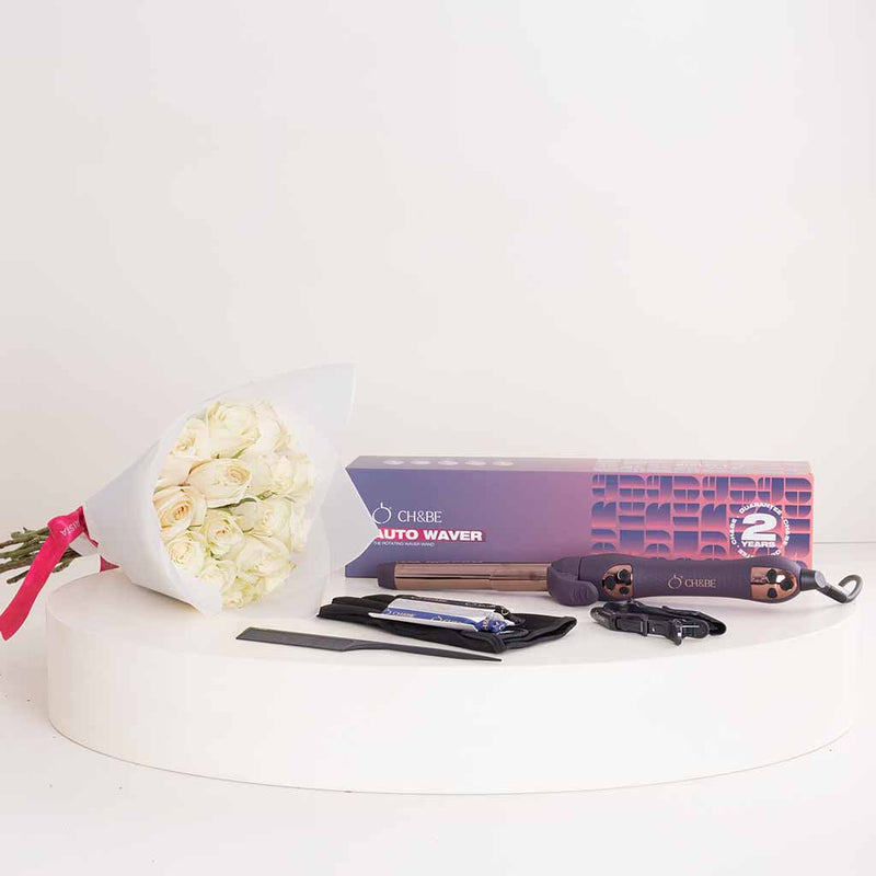 CH&BE Auto Waver Hair Rotating Curler & White Roses Bouquet