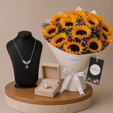 Silvara Angel Wing Necklace & Pear-Cut Halo Ring with Sunflower & Wax Flower Flowrista Bouquet