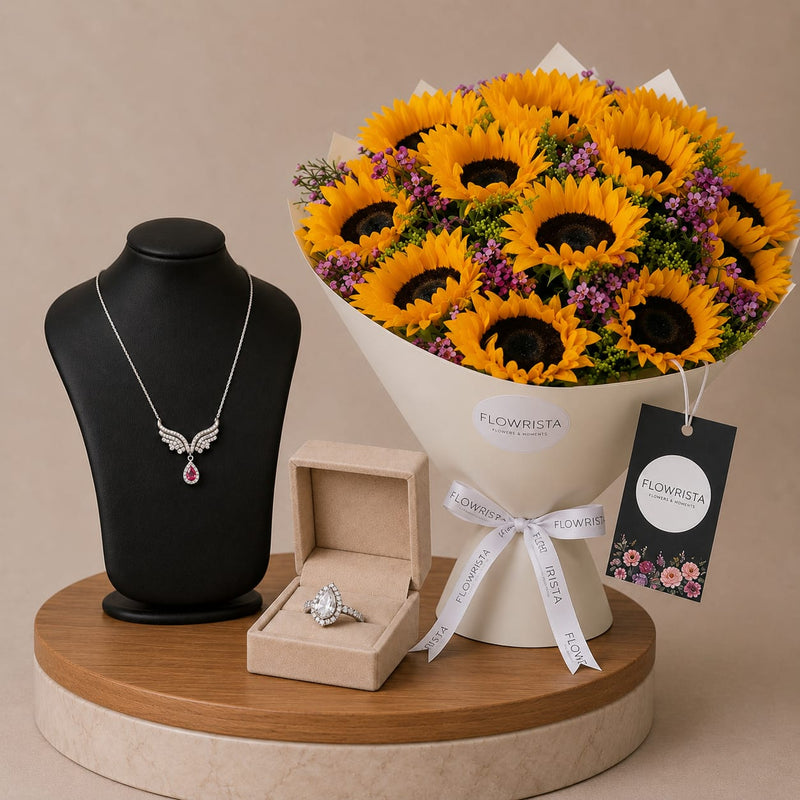 Silvara Angel Wing Necklace & Pear-Cut Halo Ring with Sunflower & Wax Flower Flowrista Bouquet
