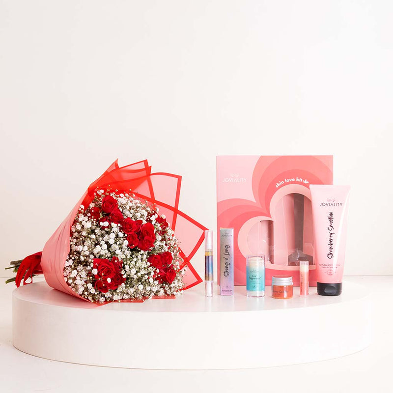 Joviality Skin Love Kit Valentine Box & Red Roses Bouquet