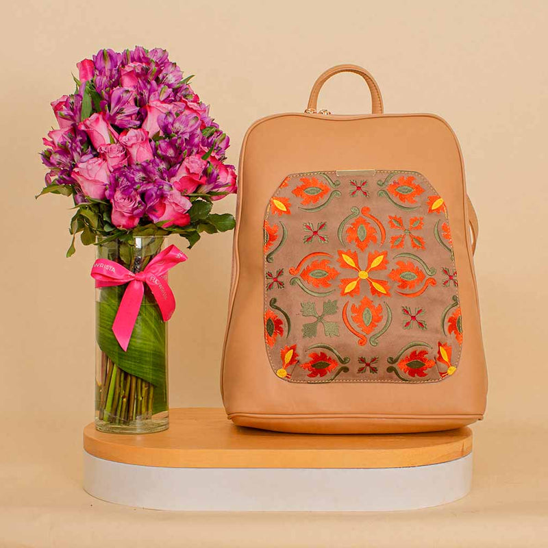 Pavo Laptop Backpack with Floral Embroideries & Purble Vase