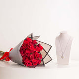 Markiz Platinum-Plated Yellow Zircon Necklace & Red Roses Bouquet