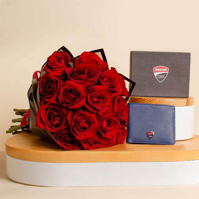 Ducati Corse Leather Wallet & 15 Red Roses Bouquet