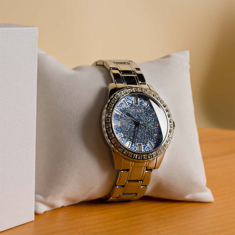 Guess Glitter Burst Diamonds Women’s Watch – Blue Dial, Silver Steel Strap (GW0405L1)