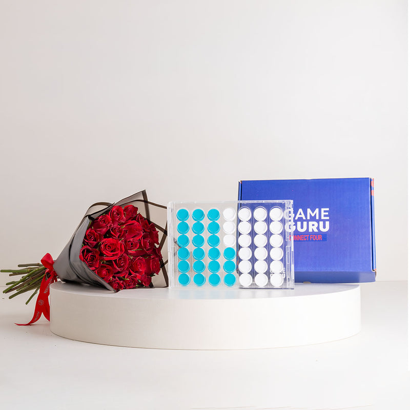 Game Guru Acrylic Connect Four Turquoise-White & Red Roses Bouquet