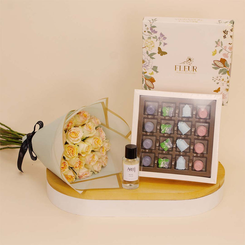 Areej & Fleur: Roses, Oud Fragrance & Belgian Chocolates Gift Set