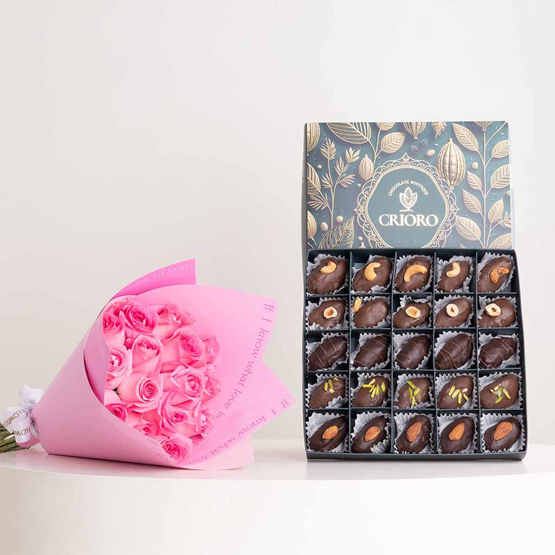 Crioro Premium Stuffed Medjool Dates - 25-Piece & Revival Roses Bouquet
