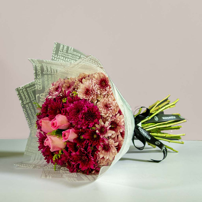 Hand Bouquet with Purple Chrysanthemums & Pink Roses