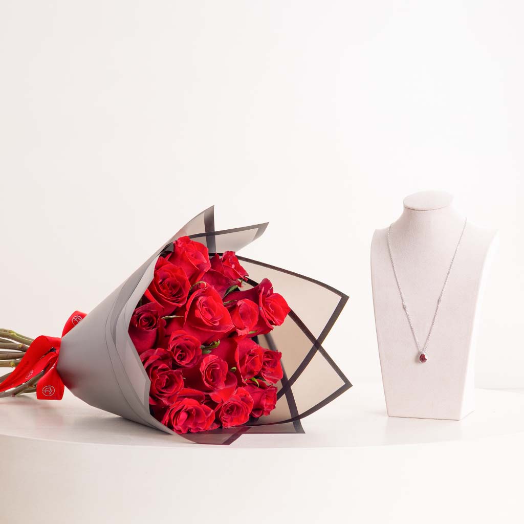 Markiz Thai Silver Platinum-Plated Red Zircon Necklace & Red Roses Bouquet