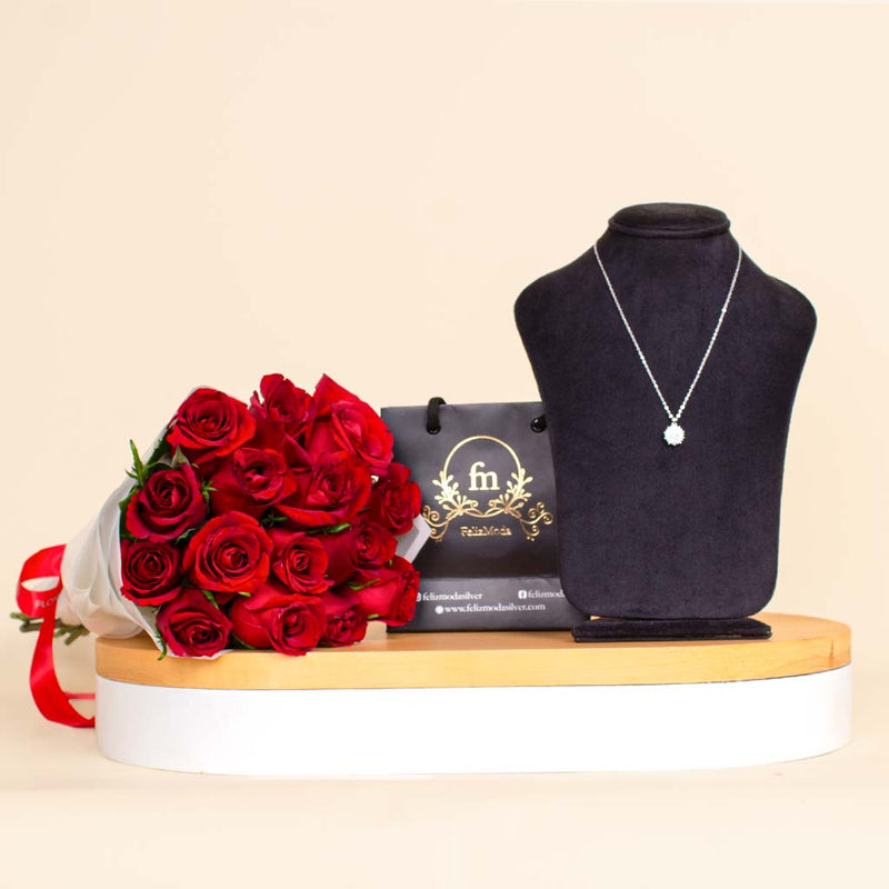 Felizmoda Silver Necklace & 15 Red Roses – Valentine’s Gift
