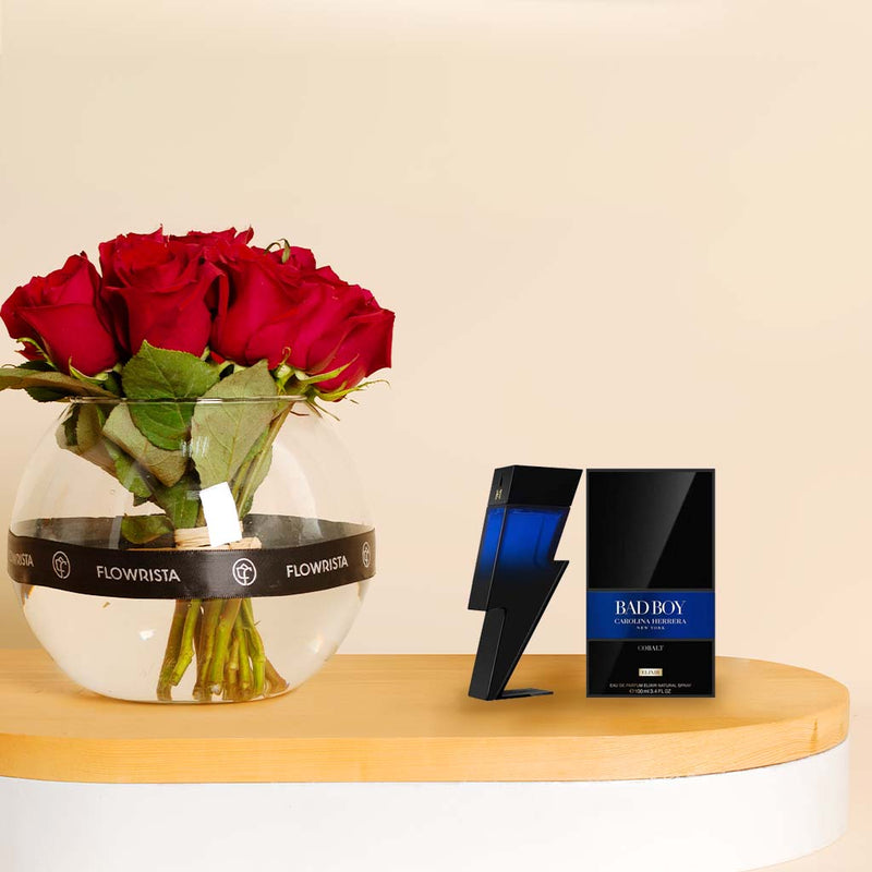 Carolina Herrera Bad Boy Cobalt Perfume 100ML and 15 Red Roses Vase