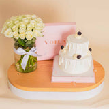 Voila Victorian Drip Cake & Vase Of 25 White Roses