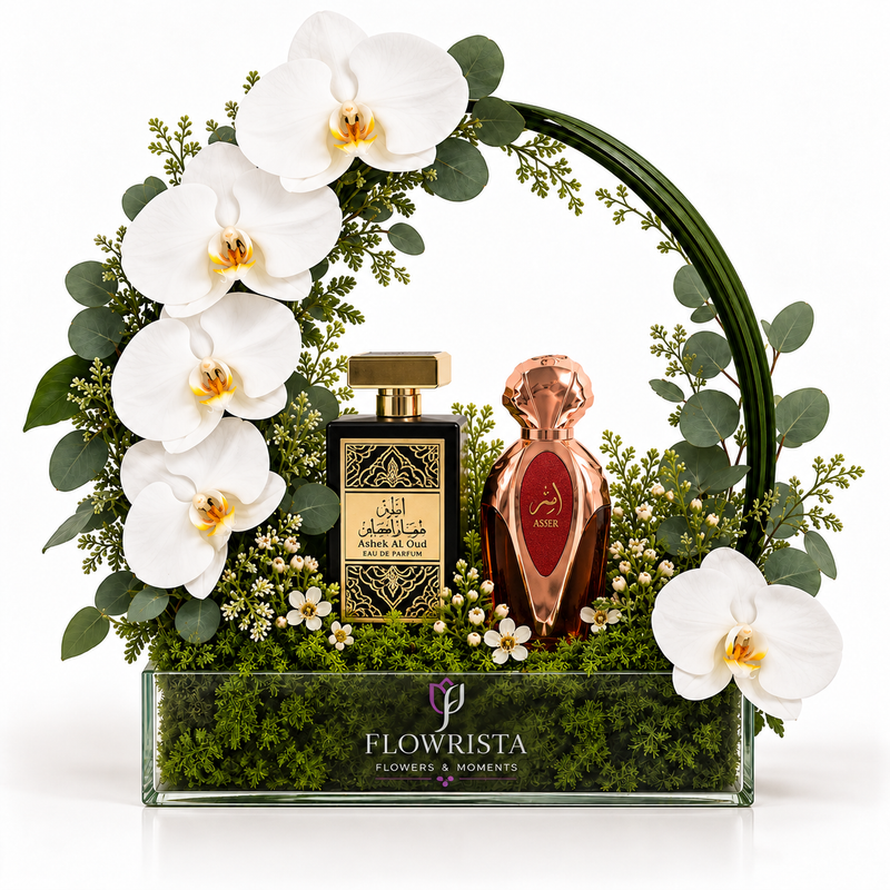 Ashek Al Oud & Asser Perfumes with Artificial White Orchid Arch