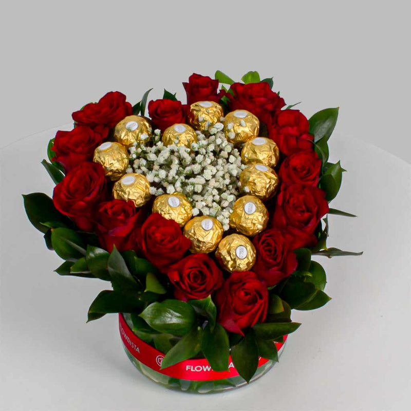 Valentine’s Vase with Red Roses & Ferrero Rocher